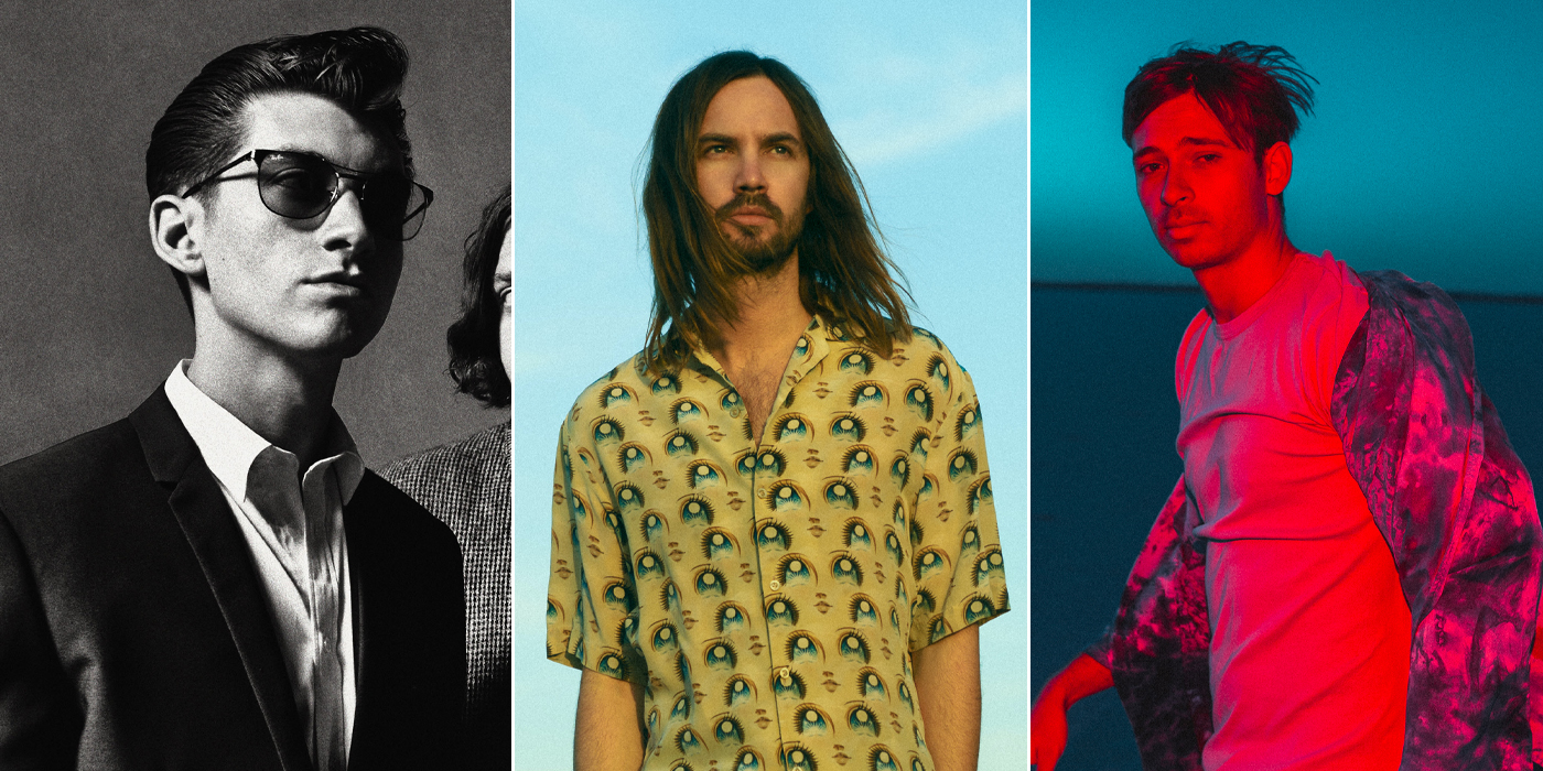 Three panel image of Hottest 100 place-getters Arctic Monkeys, Tame Impala, and Flume