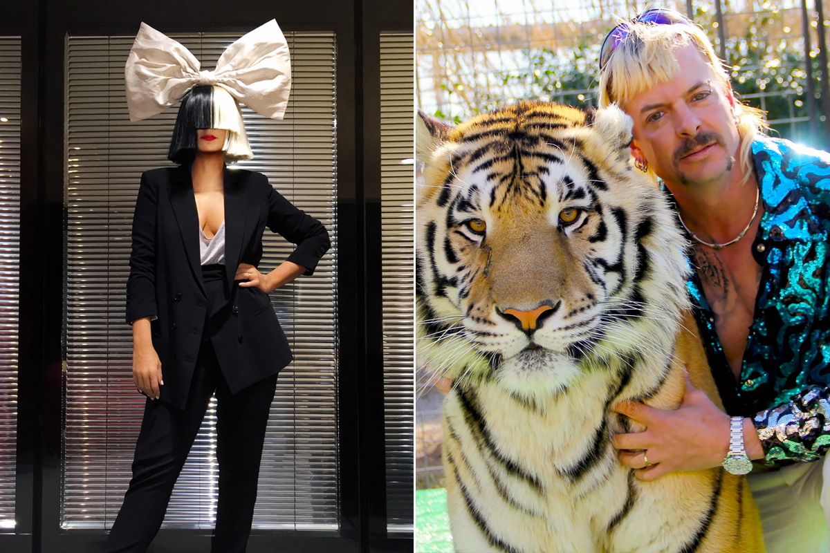 2 panel image of Sia and Joe Exotic of 'Tiger King' fame