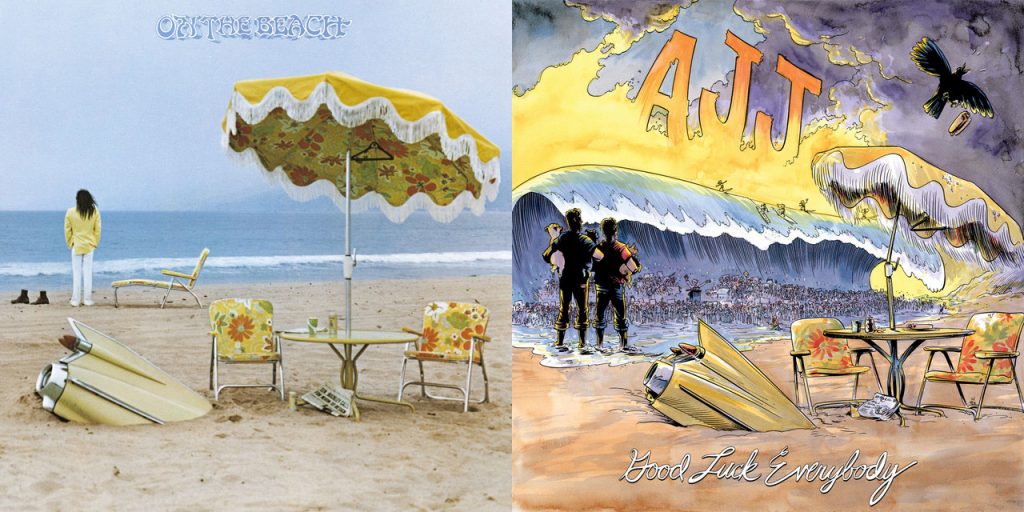 The artwork for 'On the Beach' by Neil Young and 'Good Luck Everybody' by AJJ.
