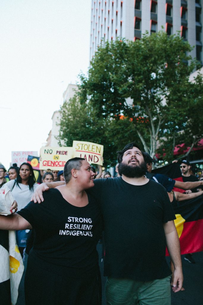 Wayne’s sibling Latoya Aroha Rule with Dominic Guerrera leading rally on Kaurna land.