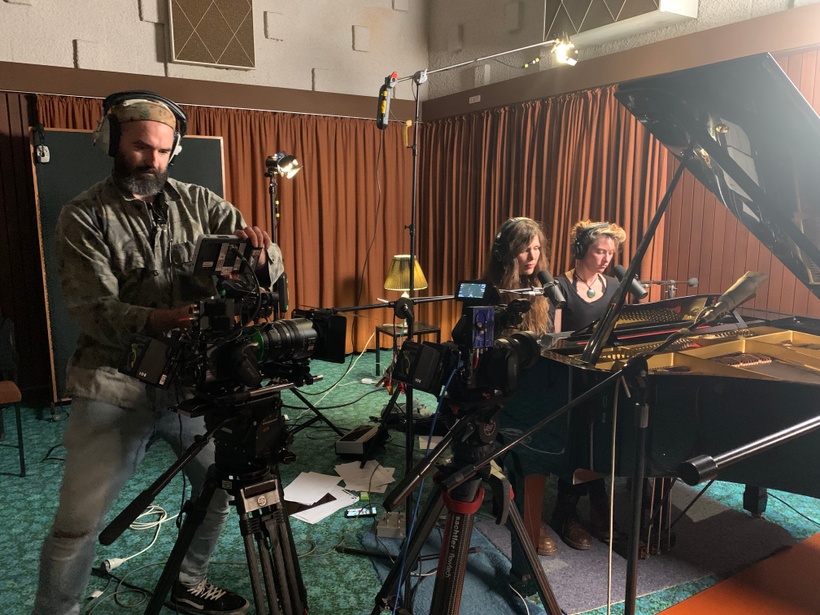 Director of Photography Olly Harris setting up to record Reb Fountain and Amanda Palmer's mash up of "Blurred Lines" and "Rape Me".